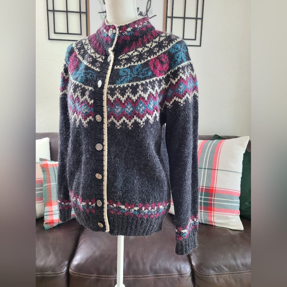 VINTAGE WOOLRICH WOOL MOHAIR GRAY PINK NORDIC CARDIGAN SWEATER SIZE M ARCTIC‎ - Picture 5 of 10